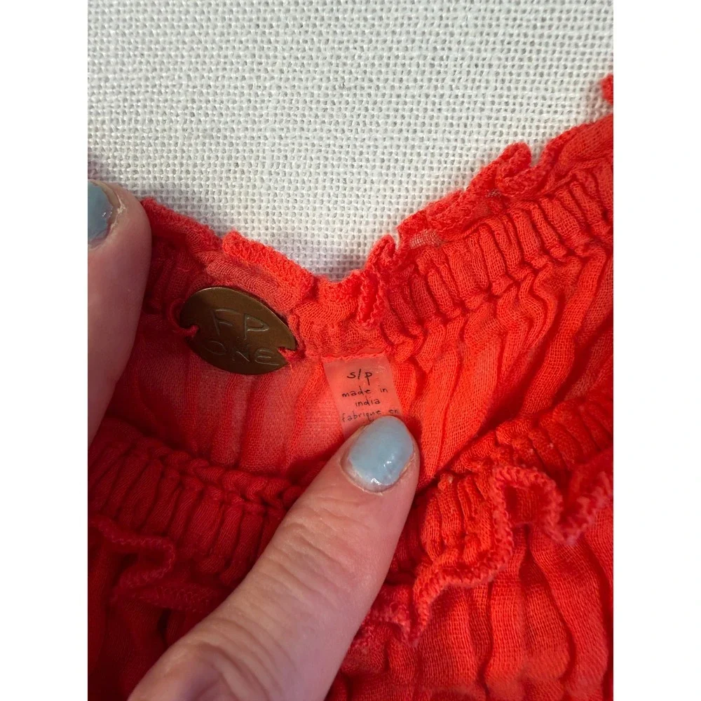 Free People FP One Smocked Crop Top Red Cotton Ruffle Off Shoulder Small
